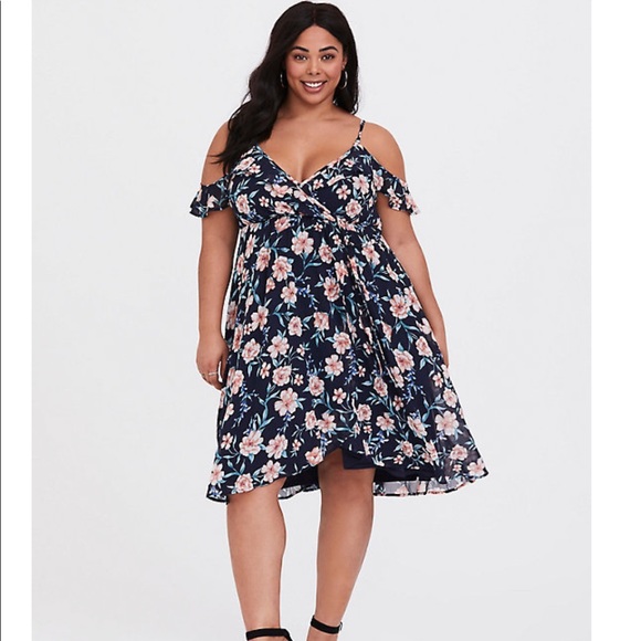 torrid Dresses & Skirts - NAVY FLORAL COLD SHOULDER CHIFFON WRAP DRESS